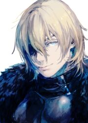 Rule 34 | 1boy, black coat, blonde hair, blue eyes, closed mouth, coat, dimitri alexandre blaiddyd, eyepatch, fire emblem, fire emblem: three houses, fur-trimmed coat, fur trim, hair between eyes, light smile, looking at viewer, male focus, nintendo, short hair, simple background, solo, upper body, wadati, white background