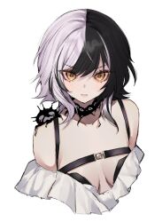 Rule 34 | 1girl, absurdres, alternate hairstyle, belt, black belt, black choker, black hair, blob, breasts, chest belt, choker, closed mouth, commentary, cropped torso, english commentary, grey hair, hair between eyes, highres, hololive, hololive english, lace, lace choker, large breasts, looking at viewer, medium hair, miclipse, multicolored hair, serious, shiori novella, simple background, solo, split-color hair, two-tone hair, v-shaped eyebrows, virtual youtuber, white background, yellow eyes, yorick (shiori novella)