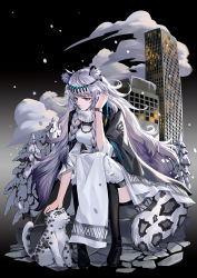Rule 34 | 1girl, animal ear fluff, animal ears, arknights, bead necklace, beads, black background, black cape, black footwear, boots, braid, breasts, building, cape, commentary, dress, fur-trimmed boots, fur trim, gradient background, grey background, grey eyes, hand up, head chain, headpat, highres, jewelry, knee boots, leopard ears, leopard tail, long hair, medium breasts, necklace, pramanix (arknights), ruoruoqiuu, silver hair, sitting, snow, snow leopard, tail, thighhighs, tree, twin braids, very long hair, white dress, white thighhighs