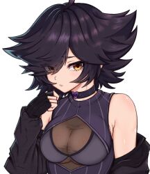 Rule 34 | 1girl, absurdres, ahoge, armpit crease, bare shoulders, bikini, bikini under clothes, black choker, black gloves, black jacket, breasts, choker, cleavage, commentary, eyes visible through hair, fingerless gloves, flipped hair, frown, gloves, heart, heart choker, highres, jacket, karma (vtuber), krow, looking at viewer, medium breasts, medium hair, off shoulder, owozu, parted lips, pinstripe pattern, pinstripe shirt, purple bikini, purple shirt, see-through, see-through cleavage, shirt, simple background, sleeveless, sleeveless shirt, spanish commentary, striped, swimsuit, taut clothes, taut shirt, upper body, white background, yellow eyes