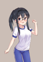 Rule 34 | 1girl, black hair, blue eyes, blue pants, blush, breasts, collarbone, glasses, grey background, gym pants, gym uniform, hair ornament, hairband, highres, kuramoto takato, looking at viewer, machikado mazoku, ogura shion, open mouth, pants, ponytail, shirt, simple background, small breasts, solo, standing, sweat, white shirt