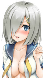 Rule 34 | 1girl, blue eyes, blush, breasts, cleavage, collarbone, hair ornament, hair over one eye, hairpin, hamakaze (kancolle), highres, kantai collection, large breasts, looking at viewer, open clothes, open mouth, school uniform, serafuku, silver hair, simple background, smile, solo, toranoo, uniform, upper body, white background