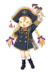 Rule 34 | &gt; &lt;, 00s, 1girl, :d, ayamisiro, binoculars, blonde hair, boots, braid, closed eyes, hair ribbon, hat, heart, heart in mouth, knee boots, open mouth, patty fleur, ribbon, smile, solo, tales of (series), tales of vesperia, twin braids, xd