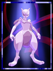 Rule 34 | 1boy, artist request, black background, colored skin, creatures (company), game freak, gen 1 pokemon, grey skin, highres, legendary pokemon, looking at viewer, mewtwo, nintendo, no humans, pokemon, pokemon: the first movie - mewtwo strikes back, pokemon (classic anime), pokemon (creature), purple eyes, serious, shaded face, simple background, solo, standing, tail, white skin