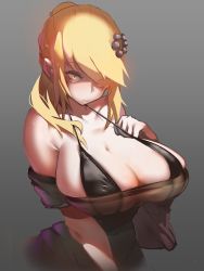 Rule 34 | 1girl, at2., bare shoulders, blonde hair, breasts, cleavage, closed mouth, eyes visible through hair, gradient background, hair ornament, hand up, headgear, highres, huge breasts, long hair, looking at viewer, looking away, looking to the side, no bra, no pupils, original, ponytail, pursed lips, solo, upper body, yellow eyes