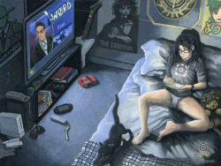 Rule 34 | 4chan, anonymous (4chan), barefoot, battlestar galactica, bed, black hair, book, cameltoe, cat, child, colbert report, closed eyes, feet, food, game console, glasses, guitar, guitar hero, handheld game console, instrument, kacey miyagami, koiwai yotsuba, lion, lying, nintendo, nintendo ds, otaku room, panties, playing, playing games, playstation portable, pocky, portal (series), portal 1, poster (object), posters, solo, spread legs, stephen colbert, stuffed animal, stuffed toy, television, the sandman, traditional media, underwear, aperture science weighted companion cube, wii, xbox, xbox 360, yotsubato!