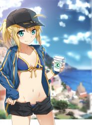 Rule 34 | 1girl, ahoge, aqua eyes, artoria pendragon (all), artoria pendragon (fate), baseball cap, bikini, bikini under clothes, black hat, black shorts, blonde hair, blue bikini, blue jacket, blue sky, breasts, building, closed mouth, cup, day, fate/grand order, fate (series), front-tie bikini top, front-tie top, hand on own hip, hat, holding, holding cup, jacket, long sleeves, mysterious heroine x (fate), navel, ocean, open clothes, open jacket, outdoors, ponytail, ribbon, rojiura satsuki : chapter heroine sanctuary, saber (fate), shore, short hair, shorts, sidelocks, sky, small breasts, smile, solo, stomach, summer, sunlight, sweatband, swimsuit, town, tsuezu, yellow ribbon