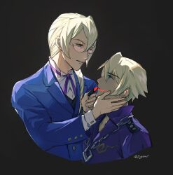 Rule 34 | 2boys, ace attorney, applying makeup, black background, blonde hair, blue eyes, blue jacket, brothers, buttons, chain, chain necklace, closed mouth, collared shirt, cosmetics, cropped arms, cropped torso, dark skin, earrings, eye contact, glasses, hair between eyes, hand on another&#039;s cheek, hand on another&#039;s face, highres, incest, jacket, jewelry, kaeru (qingwali), klavier gavin, kristoph gavin, lapel pin, lapels, layered sleeves, lipstick, lipstick tube, long sleeves, looking at another, looking up, makeup, medium hair, multiple boys, neck ribbon, necklace, open collar, parted lips, purple ribbon, purple shirt, ribbon, shirt, short hair, siblings, smeared lipstick, suit jacket, twitter username, white shirt, yaoi