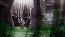 Rule 34 | 1boy, armor, bent over, blurry, blurry foreground, bug, butterfly, cable, cave, forehead jewel, grass, highres, insect, kneeling, mechaklear, mega man (series), mega man zero (series), mega man zero 1, nature, red armor, red helmet, restrained, solo, sunlight, zero(z) (mega man), zero (mega man)