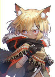 Rule 34 | 1girl, animal ear fluff, animal ears, arknights, bandaged arm, bandages, black cloak, black gloves, blonde hair, cloak, commentary request, ear piercing, fingerless gloves, fox ears, fur-trimmed cloak, fur trim, gloves, hair between eyes, hair ornament, hairclip, highres, hood, hood down, hooded cloak, jewelry, looking to the side, mechanical arms, mitake eil, navel, necklace, notched ear, orange eyes, piercing, poncho, prosthesis, prosthetic arm, short hair, sidelocks, signature, simple background, single fingerless glove, single mechanical arm, solo, standing, tooth necklace, upper body, vermeil (arknights), white background