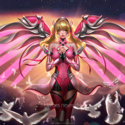 Rule 34 | 1girl, alternate hairstyle, backlighting, bird, blonde hair, blurry, closed eyes, depth of field, detached sleeves, dove, dress, english text, feathers, hair ribbon, liang xing, mechanical wings, mercy (overwatch), midair, nail polish, official alternate costume, overwatch, overwatch 1, own hands together, parted lips, pink dress, pink mercy, pink ribbon, pink thighhighs, praying, ribbon, skirt, solo, thighhighs, twintails, wings