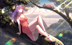 Rule 34 | 1girl, arm support, bad id, bad pixiv id, blunt bangs, breasts, brown eyes, cat, cleavage, collarbone, day, dress, floating hair, hairband, highres, in tree, index finger raised, koh rd, leaning back, lens flare, long hair, medium breasts, mountainous horizon, open mouth, original, outdoors, purple hair, red dress, sitting, sitting in tree, sleeveless, sleeveless dress, solo, sunlight, tree, white hairband