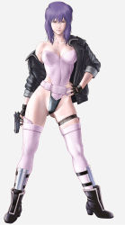 Rule 34 | 1girl, belt, boots, breasts, cleavage, cyborg, female focus, fingerless gloves, full body, ghost in the shell, ghost in the shell stand alone complex, gloves, gun, highleg, highleg leotard, highres, jacket, kusanagi motoko, leather, leather jacket, leotard, purple eyes, red eyes, simple background, solo, tatsumaru, thigh strap, thighhighs, thighs, weapon
