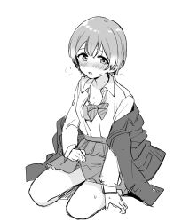 Rule 34 | 1girl, blush, bow, bowtie, bra, bra peek, breasts, cleavage, clothes lift, collarbone, commentary request, greyscale, hair between eyes, hand on floor, heavy breathing, hoshizora rin, itsuki kuro, jacket, unworn jacket, looking to the side, loose bowtie, loose clothes, love live!, love live! school idol project, monochrome, on floor, otonokizaka school uniform, parted lips, partially unbuttoned, partially undressed, school uniform, short hair, sitting, sketch, skirt, skirt lift, small breasts, solo, sweat, underwear, white background