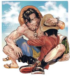 Rule 34 | 2boys, bag, black hair, blue shorts, boots, commentary, dm 0820, flip-flops, hat, hug, jewelry, log pose, long sleeves, male focus, monkey d. luffy, multiple boys, necklace, on lap, one piece, pearl necklace, portgas d. ace, red shirt, sandals, sash, shirt, short hair, shorts, shoulder bag, sky, smile, straw hat, symbol-only commentary, topless male, twitter username, yellow sash