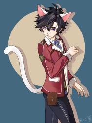 Rule 34 | 1boy, animal ears, black hair, cat boy, cat ears, cat tail, collar, eiyuu densetsu, falcom, froment, highres, jacket, looking to the side, male focus, military, military uniform, necktie, parted lips, purple eyes, rean schwarzer, red jacket, school uniform, sen no kiseki, signature, simple background, solo, spiked hair, tail, uniform, wing collar