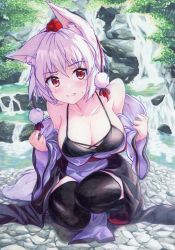Rule 34 | 1girl, animal ears, bare shoulders, bikini, black bikini, black thighhighs, breasts, cleavage, colored pencil (medium), day, detached sleeves, full body, hat, highres, inubashiri momiji, kittona, large breasts, looking at viewer, outdoors, pom pom (clothes), red eyes, red footwear, red hat, sandals, short hair, solo, squatting, summer, swimsuit, tail, thighhighs, tokin hat, touhou, traditional media, undressing, water, waterfall, white hair, wide sleeves, wolf ears, wolf tail