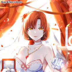 Rule 34 | 1girl, bare shoulders, breasts, bridal veil, bride, candle, cen (cenll), cleavage, cleavage cutout, closed mouth, clothing cutout, curtains, dress, flower, gloves, hair flower, hair ornament, honkai (series), honkai impact 3rd, jewelry, large breasts, lipstick, looking at viewer, makeup, medium breasts, mole, mole on breast, murata himeko, necklace, petals, red flower, red hair, red rose, ring, rose, smile, solo, veil, wedding dress, white dress, white gloves, yellow eyes