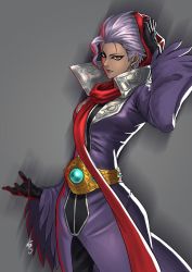 Rule 34 | 1girl, artist request, belt, commentary request, dark-skinned female, dark skin, dress, earrings, gloves, hair slicked back, high collar, hijab, jewelry, najd, purple dress, purple hair, scarf, signature, snk, solo, stud earrings, the king of fighters, the king of fighters xiv