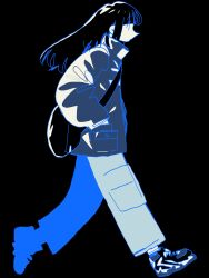 Rule 34 | 1girl, bag, black background, blue theme, from side, hands in pockets, highres, hime cut, long hair, looking to the side, original, pants, profile, raincoat, shoes, shoulder bag, simple background, sneakers, solo, soyacomu, walking, | |