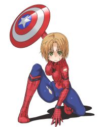 Rule 34 | 1girl, blonde hair, blush, bodysuit, breasts, captain america, character request, closed mouth, copyright request, cosplay, grabbing, green eyes, hair between eyes, highres, kneeling, light brown hair, marvel, medium breasts, oteruko (wanabeee), shadow, shield, short hair, solo, spider-man, spider-man (cosplay), sweatdrop, tagme, torn clothes, white background