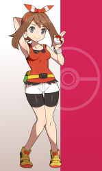 Rule 34 | 1girl, arm behind head, arm up, armpits, bad id, bad pixiv id, bare shoulders, belt, bike shorts, black shorts, bracelet, breasts, brown hair, closed mouth, collarbone, creatures (company), full body, game freak, gradient background, grey eyes, hair ribbon, hairband, holding, holding poke ball, jewelry, long hair, looking at viewer, may (pokemon), nintendo, nt00, pink background, poke ball, poke ball (basic), poke ball symbol, pokemon, pokemon oras, red hairband, red ribbon, ribbon, shoes, shorts, shorts under shorts, sleeveless, small breasts, smile, solo, standing, tank top, thigh gap, white shorts, yellow footwear