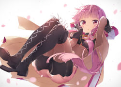 Rule 34 | 1girl, arm up, bike shorts, black footwear, black gloves, black shorts, black thighhighs, bodystocking, boots, breasts, commentary request, cross-laced footwear, gloves, hand up, jewelry, kani biimu, lace-up boots, long hair, looking at viewer, magia record: mahou shoujo madoka magica gaiden, mahou shoujo madoka magica, parted lips, pendant, petals, pink hair, pink skirt, pleated skirt, red eyes, shoe soles, short shorts, shorts, shorts under skirt, skirt, small breasts, solo, tamaki iroha, thigh boots, thighhighs, very long hair