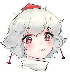 Rule 34 | 1girl, :3, blush, frogsnake, hat, inubashiri momiji, looking at viewer, portrait, red eyes, red hat, short hair, simple background, solo, tokin hat, touhou, wavy hair, white background, white hair