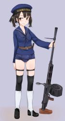 Rule 34 | 1girl, aohashi ame, belt, black hair, black thighhighs, blouse, blue hat, blue neckerchief, blue one-piece swimsuit, blue shirt, boots, brown belt, brown eyes, closed mouth, commentary request, full body, garter straps, grey background, gun, hat, highres, holding, holding weapon, long sleeves, looking at viewer, machine gun, neckerchief, no pants, old school swimsuit, one-piece swimsuit, original, over-kneehighs, sailor hat, school swimsuit, school uniform, serafuku, shirt, short hair, short twintails, skindentation, smile, solo, standing, swimsuit, swimsuit under clothes, thigh strap, thighhighs, twintails, weapon, weapon request, white footwear, world witches series