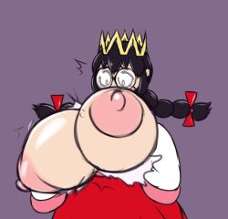 Rule 34 | 1girl, ^^^, alternate breast size, bad id, bad tumblr id, black hair, blush stickers, bouncing breasts, bow, braid, breasts, breasts out, bright pupils, bursting breasts, constricted pupils, cowboy shot, crown, furrowed brow, glasses, hair bow, highres, huge breasts, huge nipples, kirby (series), kirby 64, large areolae, long hair, long sleeves, looking at breasts, metachoke, motion lines, nintendo, nipples, no nose, pink sailor collar, puffy areolae, purple background, queen, red bow, red skirt, rimless eyewear, ripple star queen, sailor collar, shirt, simple background, skirt, sleeves past fingers, sleeves past wrists, solo, standing, torn clothes, torn shirt, twin braids, unaligned breasts, wardrobe malfunction, white pupils, white shirt