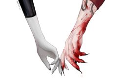 1boy 1girl arm_tattoo black_nails blood blood_drip blood_on_hands colored_skin commentary english_commentary fingernails grey_skin hand_focus hetero highres long_fingernails milady_(yui930) nijisanji nijisanji_en original signature tattoo virtual_youtuber vox_akuma yui930