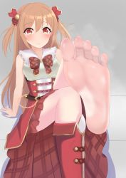 Rule 34 | 1girl, absurdres, barefoot, beru (belse mmrkhr), blush, boots, brown hair, feet, foot focus, foot up, highres, long hair, looking at viewer, nozomi (princess connect!), princess connect!, red eyes, shoes, unworn shoes, short twintails, single shoe, sitting, soles, steam, toes, twintails