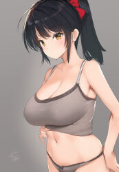 Rule 34 | 1girl, bare arms, bare shoulders, black hair, blush, bow, breasts, brown eyes, camisole, camisole lift, cleavage, closed mouth, clothes lift, collarbone, cowboy shot, grey background, grey panties, hair bow, large breasts, lifting own clothes, long hair, motion lines, navel, original, panties, ponytail, red bow, signature, simple background, stomach, underwear, yaegashi nan