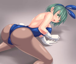 Rule 34 | 1girl, all fours, animal ears, aqua hair, ass, blue leotard, blush, breasts, dead or alive, dead or alive xtreme venus vacation, fake animal ears, from behind, green eyes, green hair, grey background, large breasts, leotard, looking at viewer, looking back, mole, mole under eye, multicolored hair, open mouth, pantyhose, playboy bunny, rabbit ears, rabbit tail, rakuto (rising racto), short hair, sideboob, solo, streaked hair, tamaki (doa), tecmo, teeth
