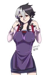 Rule 34 | 10s, 1girl, black hair, breasts, covered erect nipples, cowboy shot, danball senki, dated, genderswap, genderswap (mtf), grey hair, jin kaidou, kaidou jin, large breasts, looking at viewer, multicolored hair, red eyes, simple background, two-tone hair, white background
