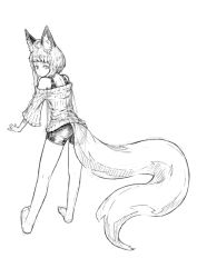 Rule 34 | 1girl, ahoge, animal ear fluff, animal ears, ass, back, bare legs, barefoot, commentary request, fox ears, fox girl, fox tail, from behind, full body, greyscale, jaco, leaning forward, looking back, monochrome, off-shoulder, off-shoulder sweater, off shoulder, original, outstretched arms, short hair, short hair with long locks, shorts, sidelocks, sketch, solo, standing, sweater, tail, thick eyebrows, white background