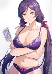 Rule 34 | 1girl, arms under breasts, between fingers, bra, breasts, card, cleavage, closed mouth, collarbone, crossed arms, green eyes, hair ribbon, highres, hiroki ree, holding, holding card, large breasts, long hair, looking at viewer, love live!, love live! school idol project, low twintails, navel, panties, purple bra, purple hair, purple panties, ribbon, simple background, skindentation, smile, solo, stomach, tojo nozomi, twintails, underwear, underwear only, white background