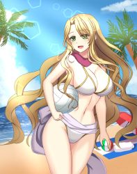 Rule 34 | 1girl, :d, ball, beach, bikini, blonde hair, blue sky, breasts, cleavage, commission, day, fire emblem, fire emblem: the binding blade, fire emblem heroes, green eyes, highres, large breasts, long hair, navel, nintendo, ocean, open mouth, purple scarf, saint elimine (fire emblem), sand, scarf, shira yu ki, skeb commission, sky, smile, solo, swimsuit, very long hair, volleyball (object), white background, white bikini