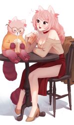 Rule 34 | 1girl, animal ears, animal request, bare shoulders, brown footwear, brown shirt, chair, choker, commentary, cup, disposable cup, drinking, drinking straw, glasses, high heels, highres, holding, holding cup, long hair, long sleeves, off-shoulder shirt, off shoulder, original, pink hair, red choker, red lips, red skirt, shirt, simple background, sitting, skirt, thighs, wernope, white background