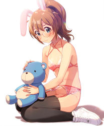 Rule 34 | 1girl, animal ears, baba konomi, bare shoulders, black thighhighs, blue eyes, blush, bra, breasts, brown hair, cleavage, commentary request, cross-section, from side, full body, garter belt, glasses, hair between eyes, halterneck, high ponytail, highres, holding, holding stuffed toy, idolmaster, idolmaster million live!, joey koguma, long hair, looking at viewer, navel, no panties, parted bangs, rabbit ears, round eyewear, shoes, simple background, sitting, sneakers, solo, stuffed animal, stuffed toy, teddy bear, thighhighs, underwear, underwear only, wariza, wavy mouth, white background, white footwear