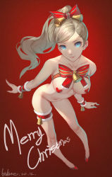 Rule 34 | 1girl, absurdres, bell, blonde hair, blue eyes, bottomless, breasts, christmas, cleavage, hair ribbon, highres, long hair, looking at viewer, lxkate, pasties, persona, persona 5, red background, red ribbon, red theme, ribbon, solo, standing, takamaki anne, thigh strap, twintails, wrist cuffs