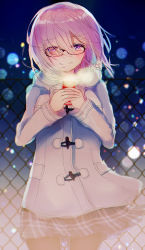 Rule 34 | 1girl, backlighting, black-framed eyewear, black pantyhose, black skirt, blurry, blurry background, bokeh, breath, can, chain-link fence, closed mouth, coat, cowboy shot, depth of field, drink can, duffel coat, eyes visible through hair, fate/grand order, fate (series), fence, glasses, grey coat, hair over one eye, hatou midori, highres, holding, long sleeves, looking at viewer, mash kyrielight, mash kyrielight (fgo x lawson), night, night sky, official alternate costume, outdoors, own hands together, pantyhose, pink hair, plaid, plaid skirt, pleated skirt, purple eyes, short hair, skirt, sky, smile, soda can, solo, standing, wind, winter clothes, winter coat