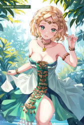 Rule 34 | 1girl, :d, bead necklace, beads, blonde hair, braid, breasts, circlet, cleavage, collarbone, commentary request, crown braid, dress, earrings, green dress, hands up, jewelry, layered dress, looking at viewer, medium breasts, necklace, nintendo, official alternate costume, open mouth, outdoors, parted bangs, patreon username, pendant, playing with own hair, pointy ears, princess zelda, sebu illust, smile, solo, the legend of zelda, the legend of zelda: tears of the kingdom, white dress