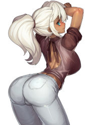 Rule 34 | 1girl, absurdres, ass, backless outfit, blonde hair, blue eyes, breasts, cameltoe, dark skin, dark-skinned female, denim, fengmo, from behind, highres, jeans, large breasts, long hair, looking at viewer, looking back, original, pants, ponytail, simple background, solo, sweatdrop, thighs, white background, white hair
