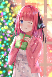 Rule 34 | 1girl, black ribbon, blue eyes, blunt bangs, blurry, blurry background, blush, butterfly hair ornament, christmas, christmas present, christmas tree, closed mouth, commentary, dress, floral print, gift, go-toubun no hanayome, hair ornament, hair ribbon, hands up, holding, holding gift, jacket, medium hair, nakano nino, one eye closed, open clothes, open jacket, pink hair, pink jacket, red ribbon, ribbon, sidelocks, smile, snowflakes, snowing, solo, umineco 1, upper body, white dress, window