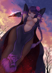 Rule 34 | 10s, 1girl, arms up, bare tree, blood, bloody weapon, braid, breasts, brown pantyhose, cape, center opening, cleavage, cloak, cloud, dress, dutch angle, elsa granhilte, eyebrows, flower, frills, from below, fur trim, hair flower, hair ornament, highres, holding, holding weapon, large breasts, lens flare, long hair, looking at viewer, mole, mole under eye, navel, oonaka ito, outdoors, pantyhose, pelvic curtain, pink flower, purple eyes, purple hair, re:zero kara hajimeru isekai seikatsu, single braid, sky, smile, solo, standing, star (sky), stomach, tree, twilight, two-sided cloak, two-sided fabric, very long hair, weapon