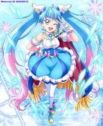 Rule 34 | 1girl, ;d, ankle boots, blue cape, blue dress, blue eyes, blue footwear, blue hair, boots, cape, commentary, crossed legs, cure sky, cut bangs, dated, detached sleeves, dress, earrings, fingerless gloves, fringe trim, full body, gloves, hand on own hip, hanzou, highres, hirogaru sky! precure, jewelry, long hair, looking at viewer, magical girl, multicolored hair, on liquid, one eye closed, open mouth, pink hair, precure, puffy detached sleeves, puffy sleeves, red cape, single earring, single sidelock, sleeveless, sleeveless dress, smile, solo, sora harewataru, sparkle, standing, standing on liquid, streaked hair, thighhighs, twintails, twitter username, two-sided cape, two-sided fabric, very long hair, w, white gloves, white thighhighs, wing hair ornament