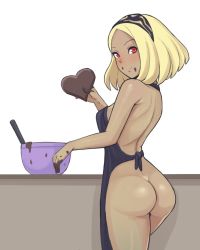 Rule 34 | 1girl, apron, ass, bare shoulders, blonde hair, blush, breasts, butt crack, candy, chocolate, chocolate heart, commentary, dark-skinned female, dark skin, donburi (donburikazoku), food, food on face, gravity daze, hairband, heart, kitten (gravity daze), looking at viewer, medium hair, naked apron, parted bangs, red eyes, smile, solo