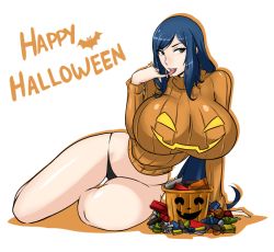 Rule 34 | 10s, arm support, black panties, blue hair, breasts, candy, devil-v, food, green eyes, gundam, gundam build fighters, halloween, highres, huge breasts, iori rinko, legs, long hair, lowleg, lowleg panties, lying, mature female, nail polish, naughty face, open mouth, panties, ponytail, ribbed sweater, shiny clothes, simple background, sweater, thigh gap, thighs, tongue, tongue out, underwear, white background