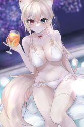 Rule 34 | 1girl, animal ear fluff, animal ears, bikini, blonde hair, blue eyes, breasts, cat ears, cat tail, choker, cleavage, cocktail, cup, drinking glass, food, fruit, heart, heart choker, heterochromia, highres, holding, holding cup, large breasts, lee jooin, long hair, looking at viewer, maguro (minase1684), mole, mole on breast, mole on thigh, multicolored hair, navel, orange (fruit), orange slice, red eyes, single thighhigh, sitting, streaked hair, swimsuit, tail, thighhighs, tropical drink, v-lup, virtual youtuber, white bikini, white choker, white hair, white thighhighs